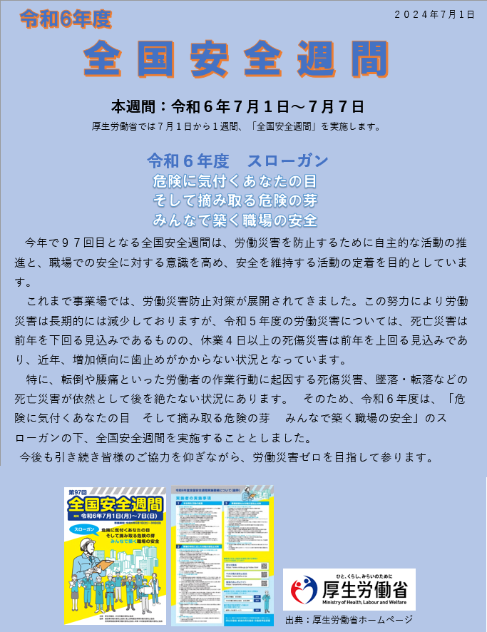 全国安全週間のポスター　スローガンは、危険に気付くあなたの目 そして摘み取る危険の芽 みんなで築く職場の安全